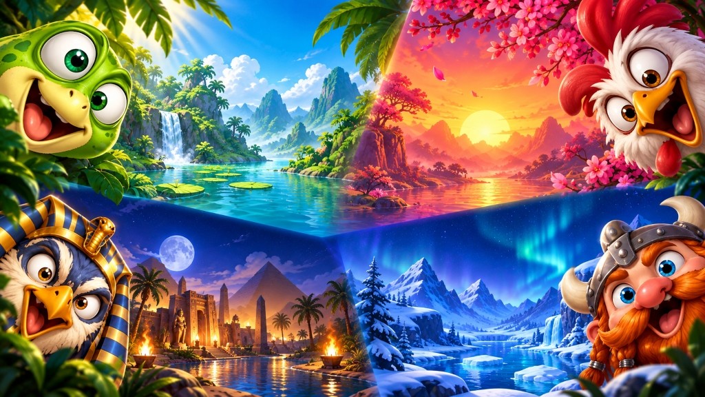 CrazyWarz key art: four worlds — jungle, blossom, Egypt and frozen north — with the turtle, rooster, falcon pharaoh and viking characters.