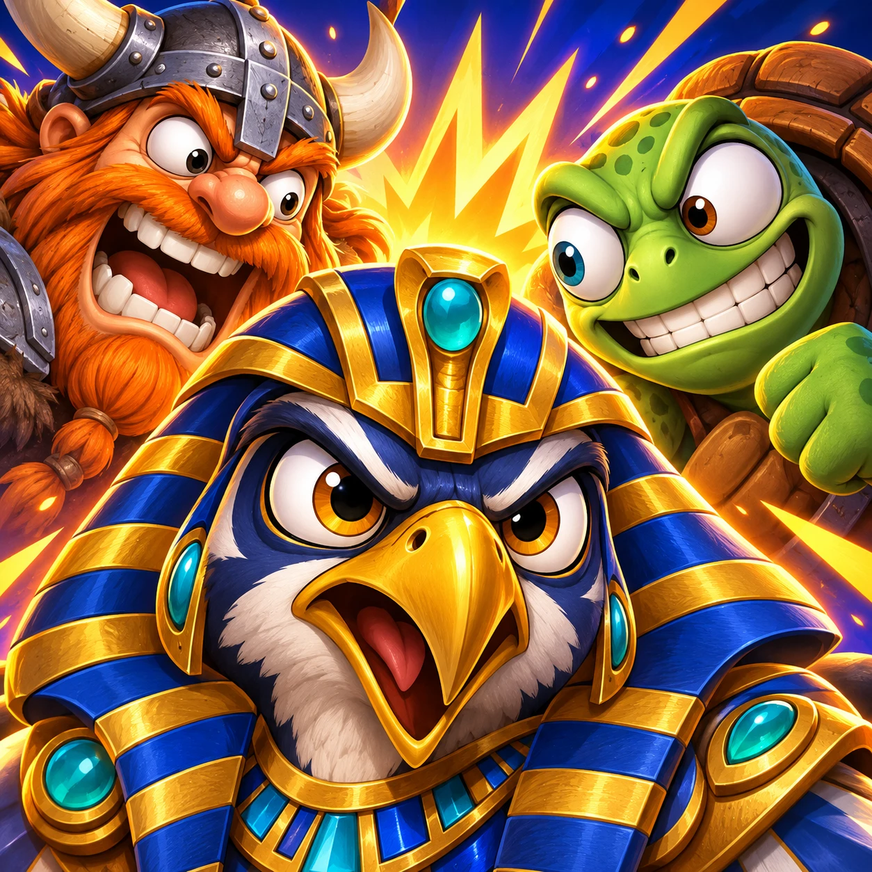 CrazyWarz characters: the falcon pharaoh, the viking and the turtle mid-battle.