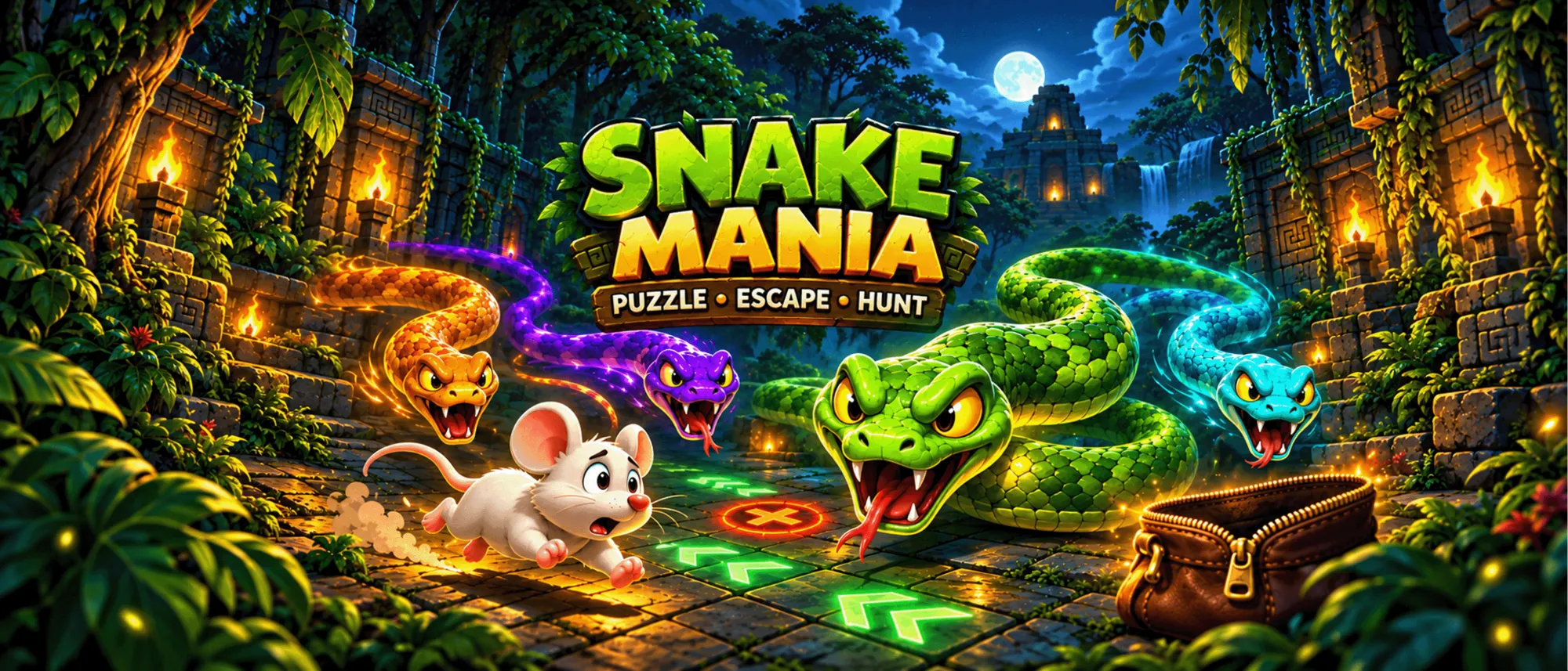 Snake Mania key art: a moonlit jungle temple where a mouse runs along arrow-marked tiles, chased by green, orange, purple and blue snakes.