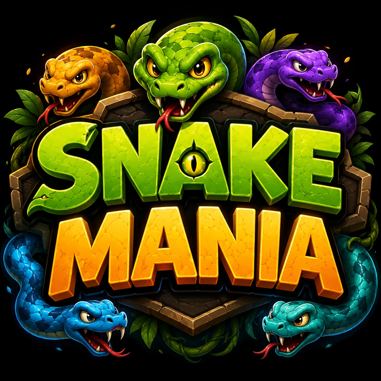 Snake Mania logo, framed by five snakes in green, orange, purple, blue and teal.